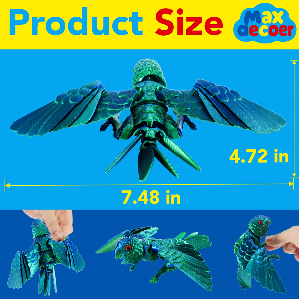 3D Printed Articulated Parrot Figure - Iridescent Emerald Green Movable Wings Desk Fidget Toy