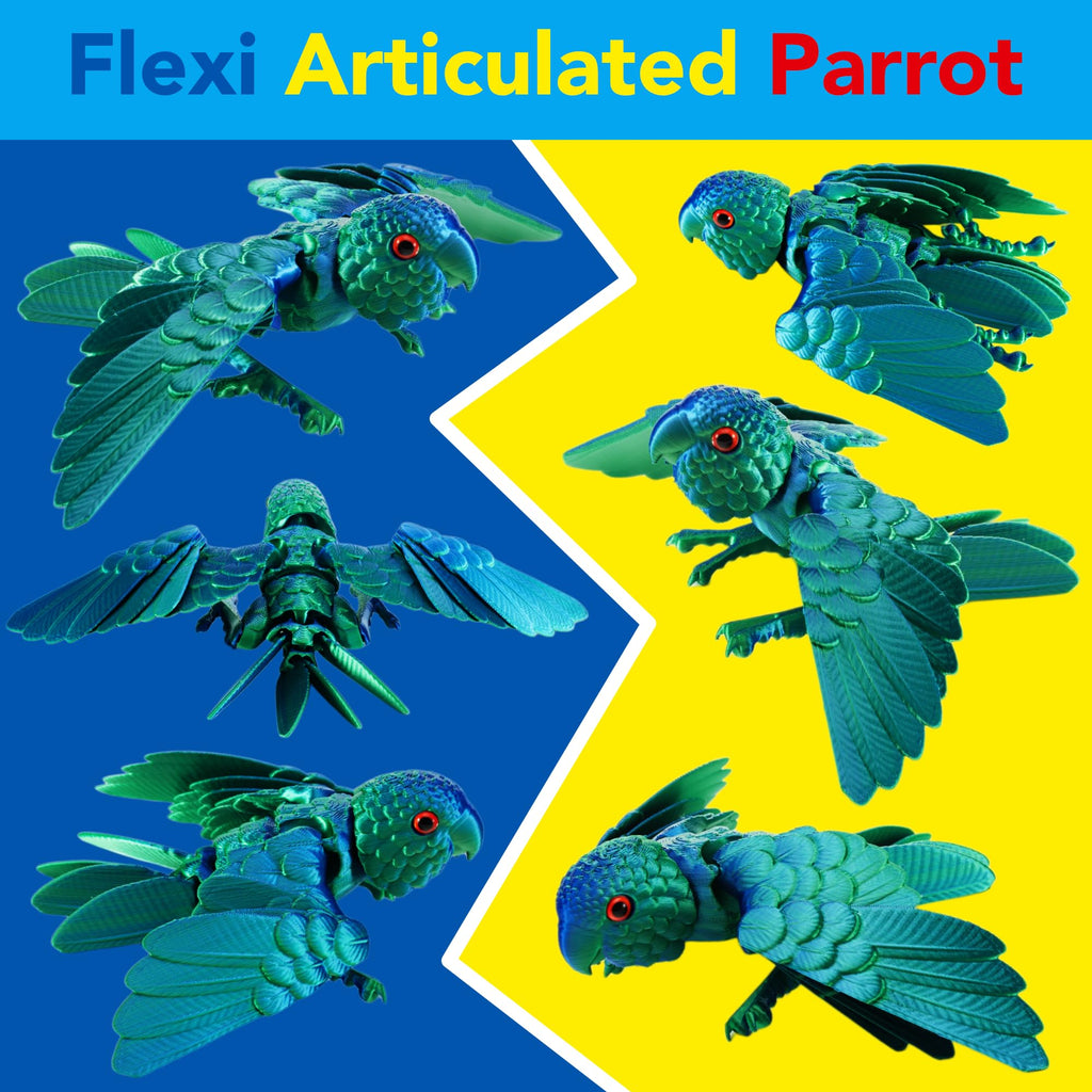 3D Printed Articulated Parrot Figure - Iridescent Emerald Green Movable Wings Desk Fidget Toy