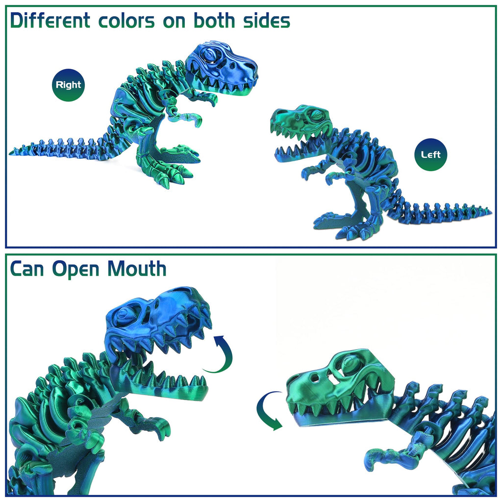 3D Printed Articulated T-Rex Skeleton – Poseable Dinosaur Toy with Flexible Joints for Stress Relief (Green-Blue)