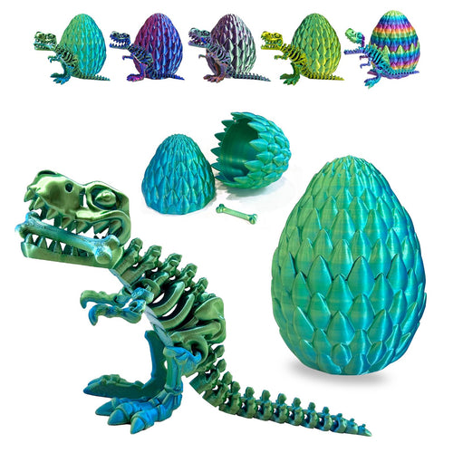 3D Printed Dinosaur Egg with Articulated Tyrannosaurus Rex – Tri-Color PLA Fidget Toy for Easter Basket Stuffers (Blue Green)