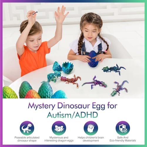 3D Printed Dinosaur Egg with Articulated Tyrannosaurus Rex – Tri-Color PLA Fidget Toy for Easter Basket Stuffers (Blue Green)