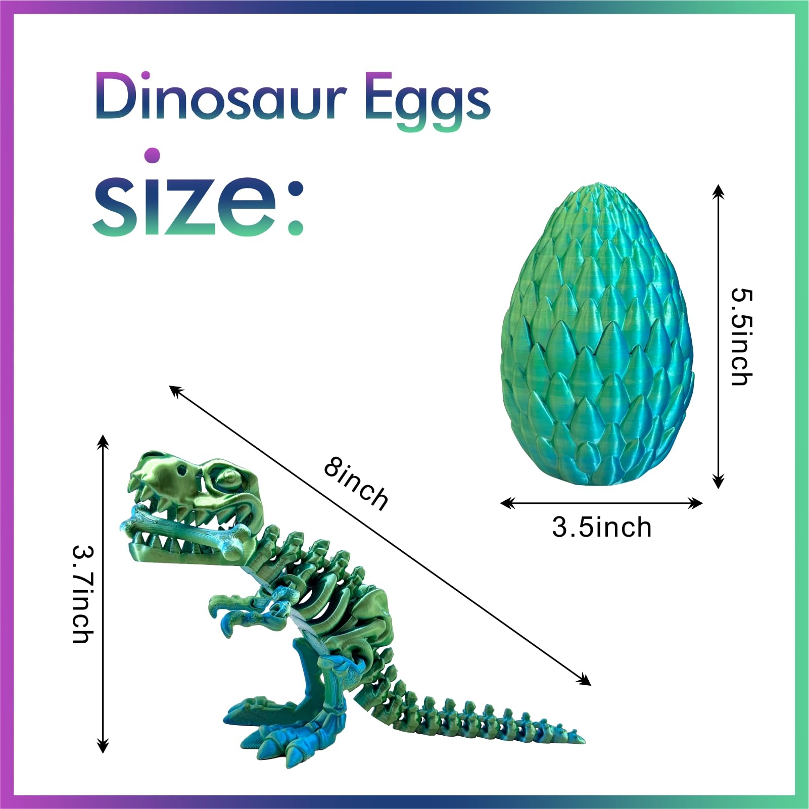 3D Printed Dinosaur Egg with Articulated Tyrannosaurus Rex – Tri-Color PLA Fidget Toy for Easter Basket Stuffers (Blue Green)