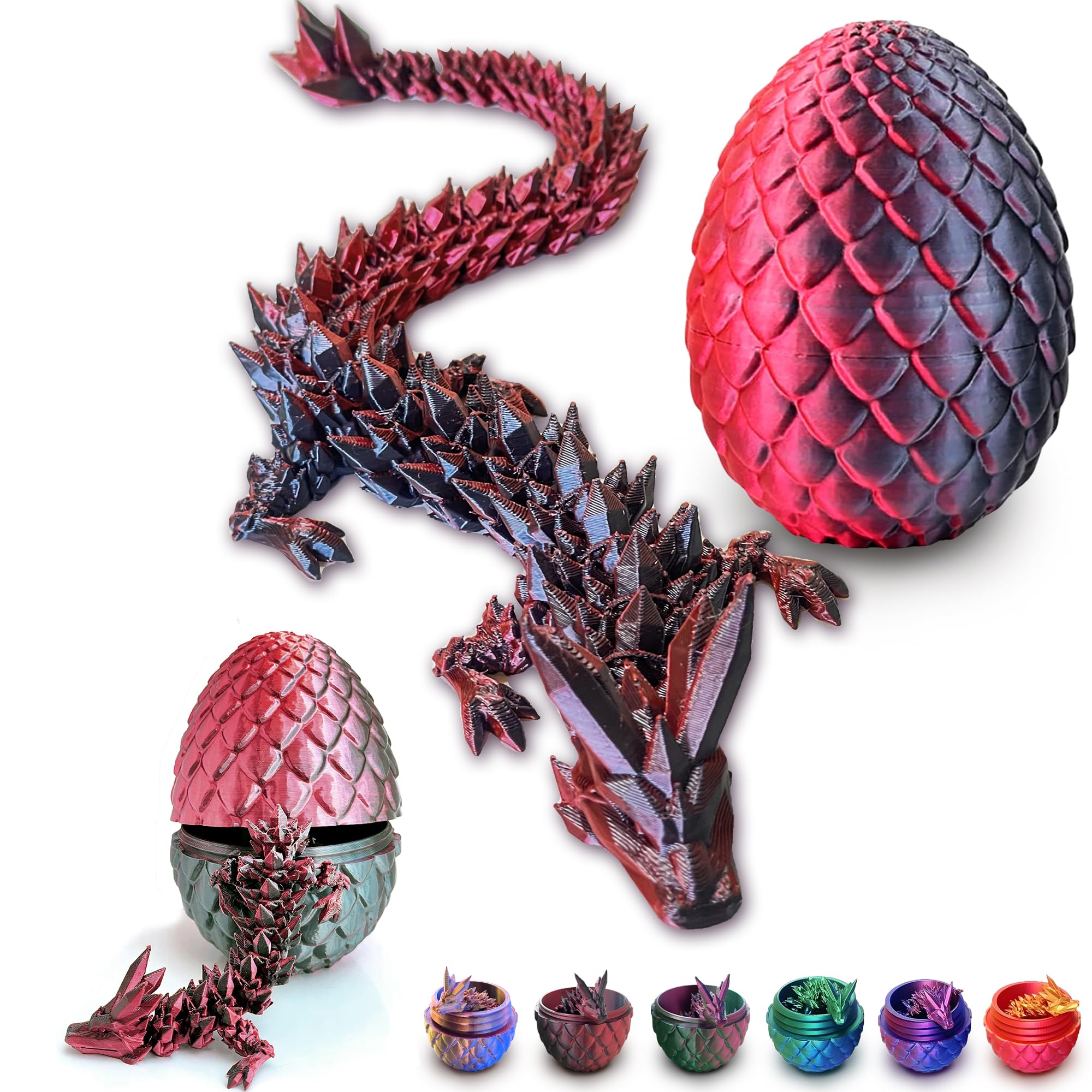 3D Printed Dragon Egg with Articulated Dragon Inside - 12 Inch Red Black Fidget Desk Toy