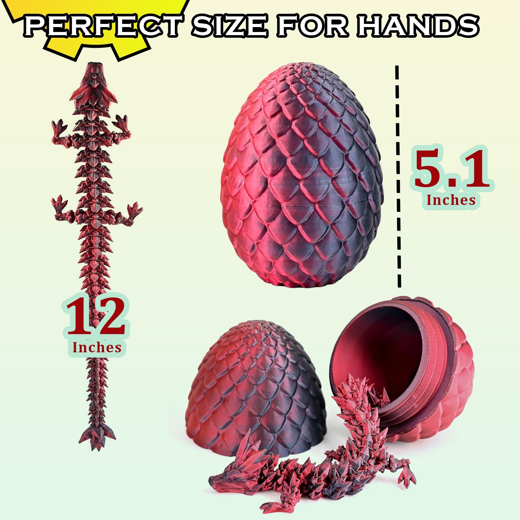 3D Printed Dragon Egg with Articulated Dragon Inside - 12 Inch Red Black Fidget Desk Toy