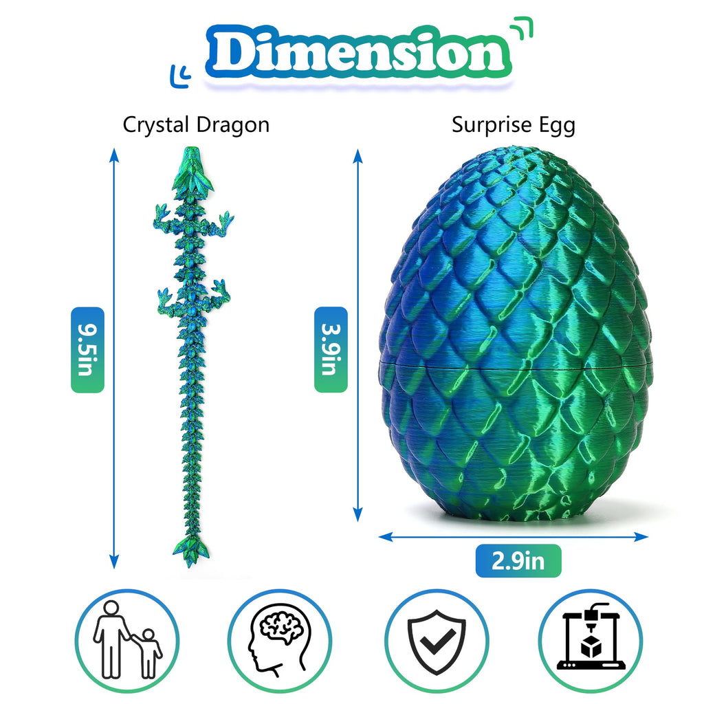 3D Printed Dragon in Surprise Egg – Posable Dragon Toy with Hinged Joints (Green)