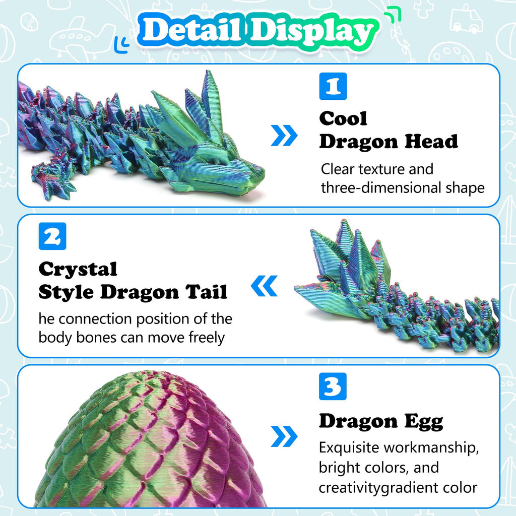 3D Printed Dragon Surprise Egg Toy - Flexible Hinged Dragon Inside Crystal Egg, Unique Gift for Kids and Collectors (Yellow & Green)