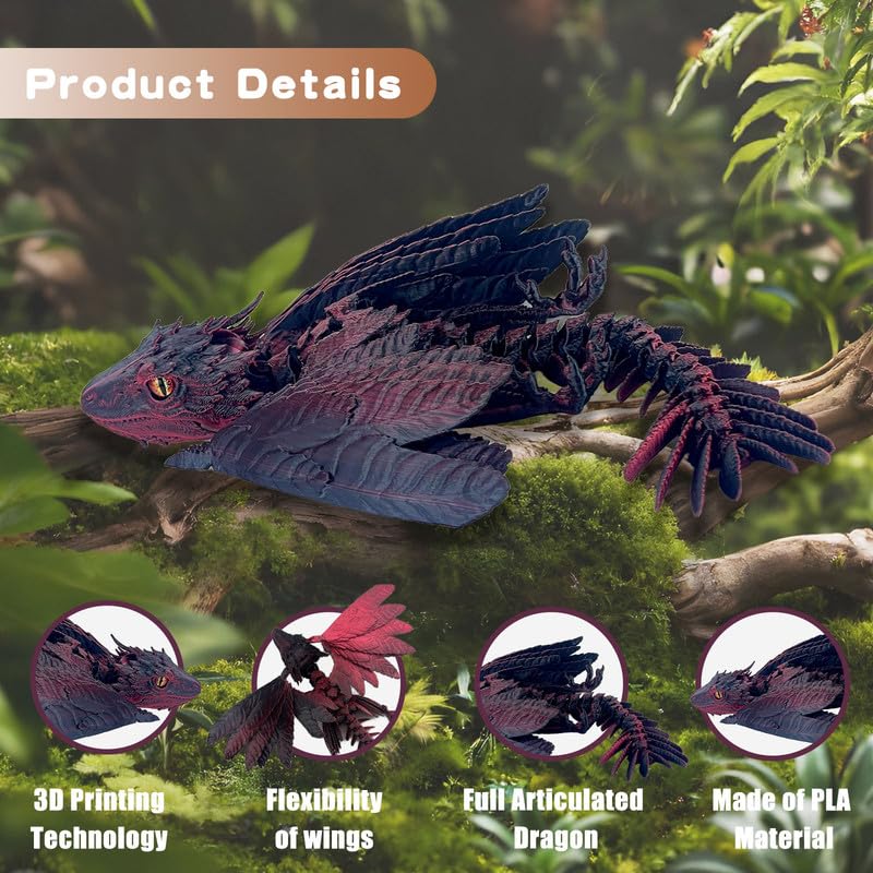 3D Printed Feathered Wyvern Dragon - Articulated Figure with Wings, Black Red