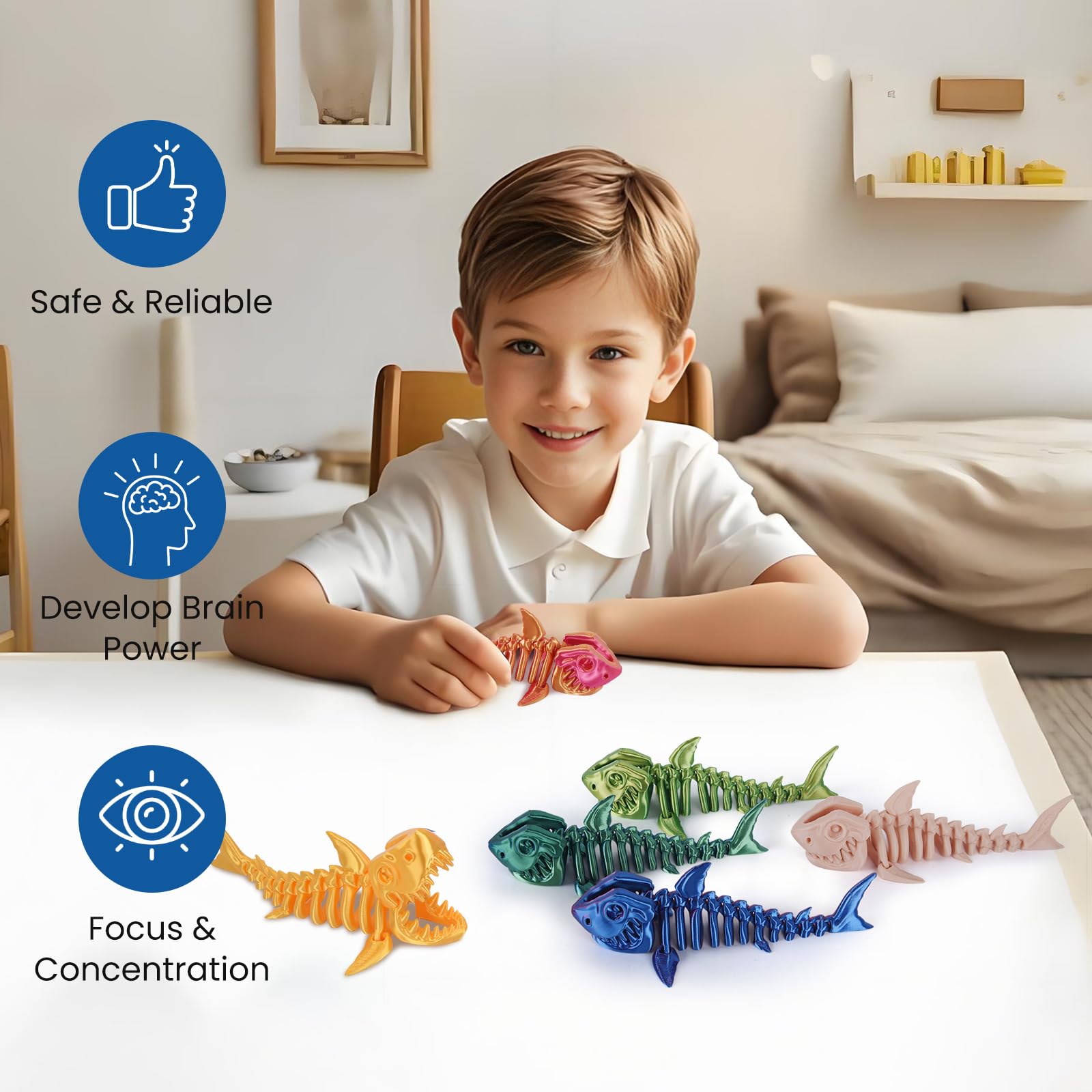 3D Printed Great White Shark Toy – Movable Skeleton Desk Decor (Laser Blue-Green, 7.4 x 2.9 in)