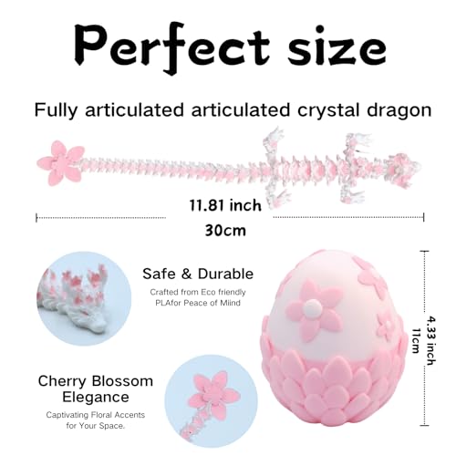 3D Printed Sakura Dragon Egg & Dragon Set – 4.33" Egg + 12" Articulated Dragon Toy by Cinderwing3D (Pink-White)