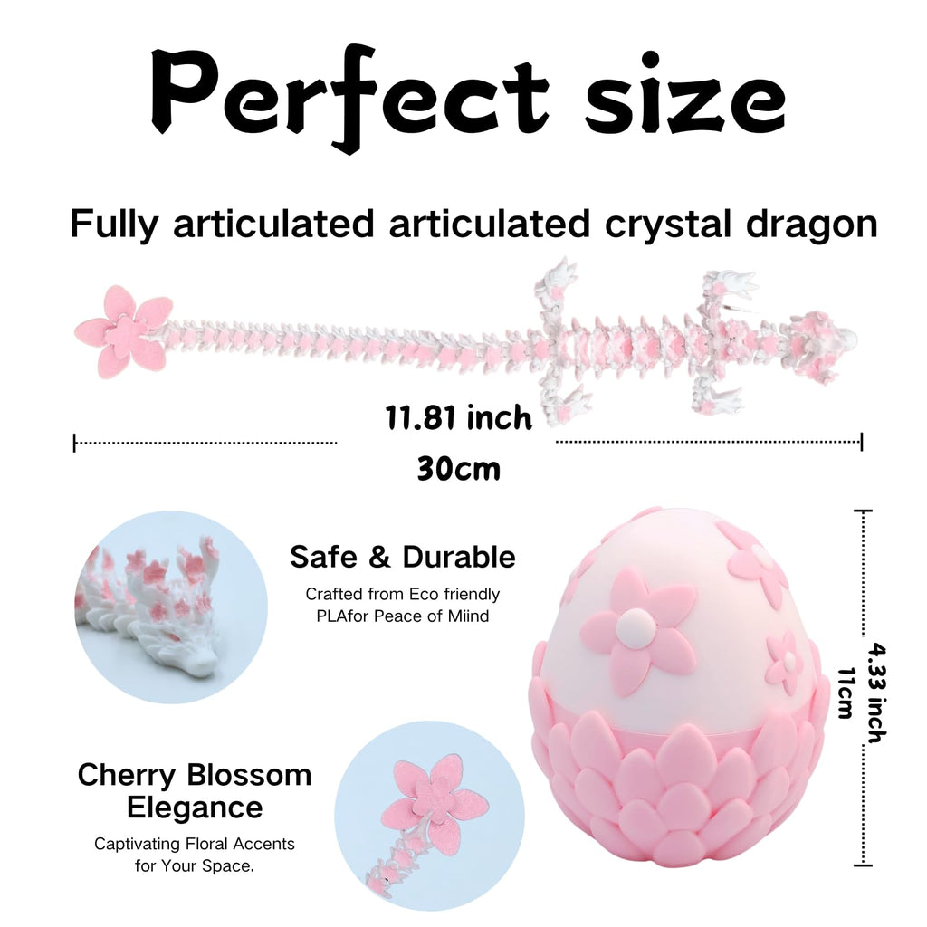 3D Printed Sakura Dragon Egg & Dragon Set – 4.33" Egg + 12" Articulated Dragon Toy by Cinderwing3D (Pink-White)