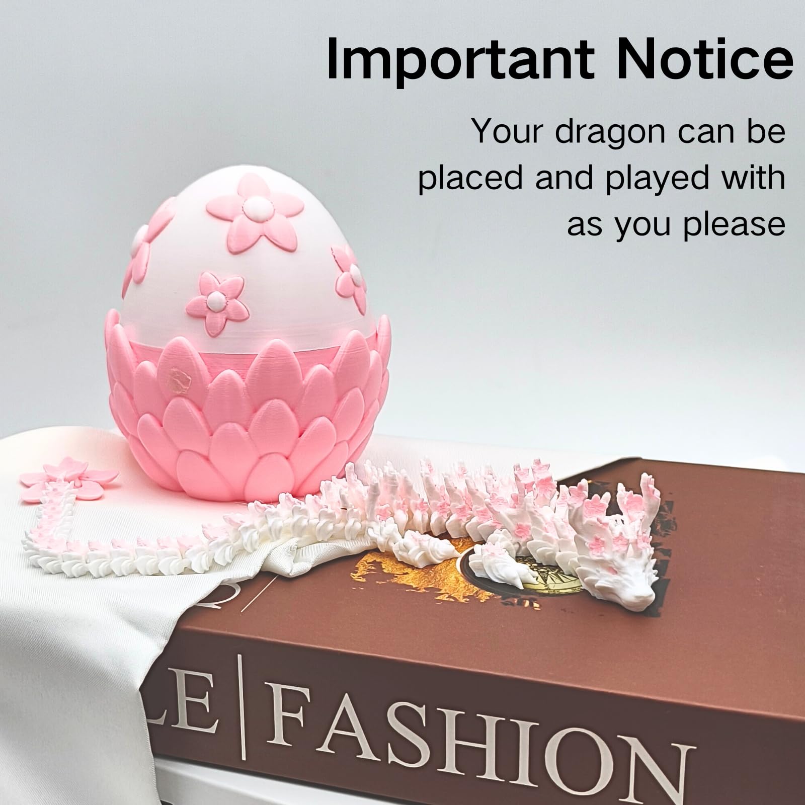 3D Printed Sakura Dragon Egg & Dragon Set – 4.33" Egg + 12" Articulated Dragon Toy by Cinderwing3D (Pink-White)