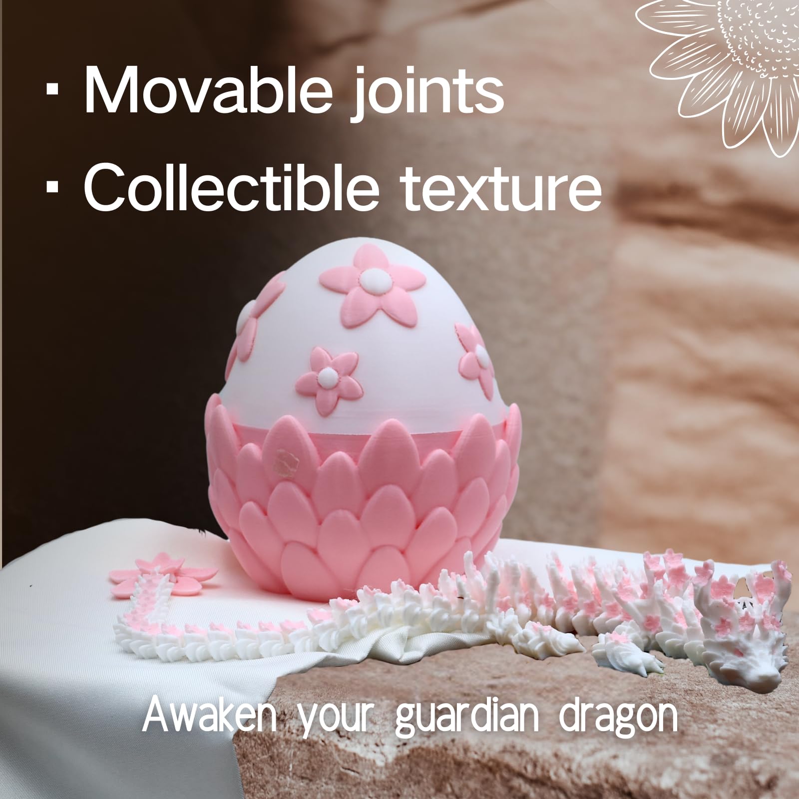 3D Printed Sakura Dragon Egg & Dragon Set – 4.33" Egg + 12" Articulated Dragon Toy by Cinderwing3D (Pink-White)