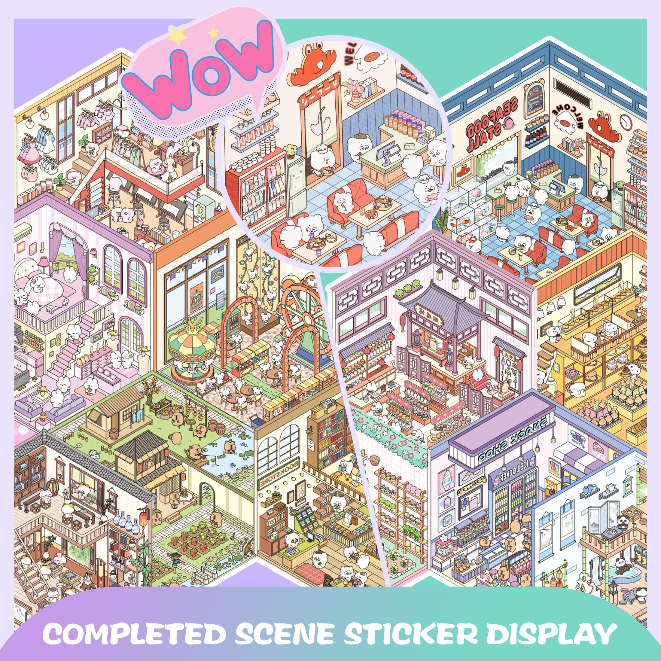 3D Sticker Scene Book for Adults - 12 Sets DIY Miniature Room Stickers with Tweezers - Stress Relief Craft Activity