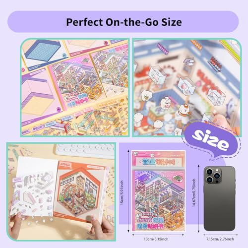 3D Sticker Scene Book for Adults - 12 Sets DIY Miniature Room Stickers with Tweezers - Stress Relief Craft Activity