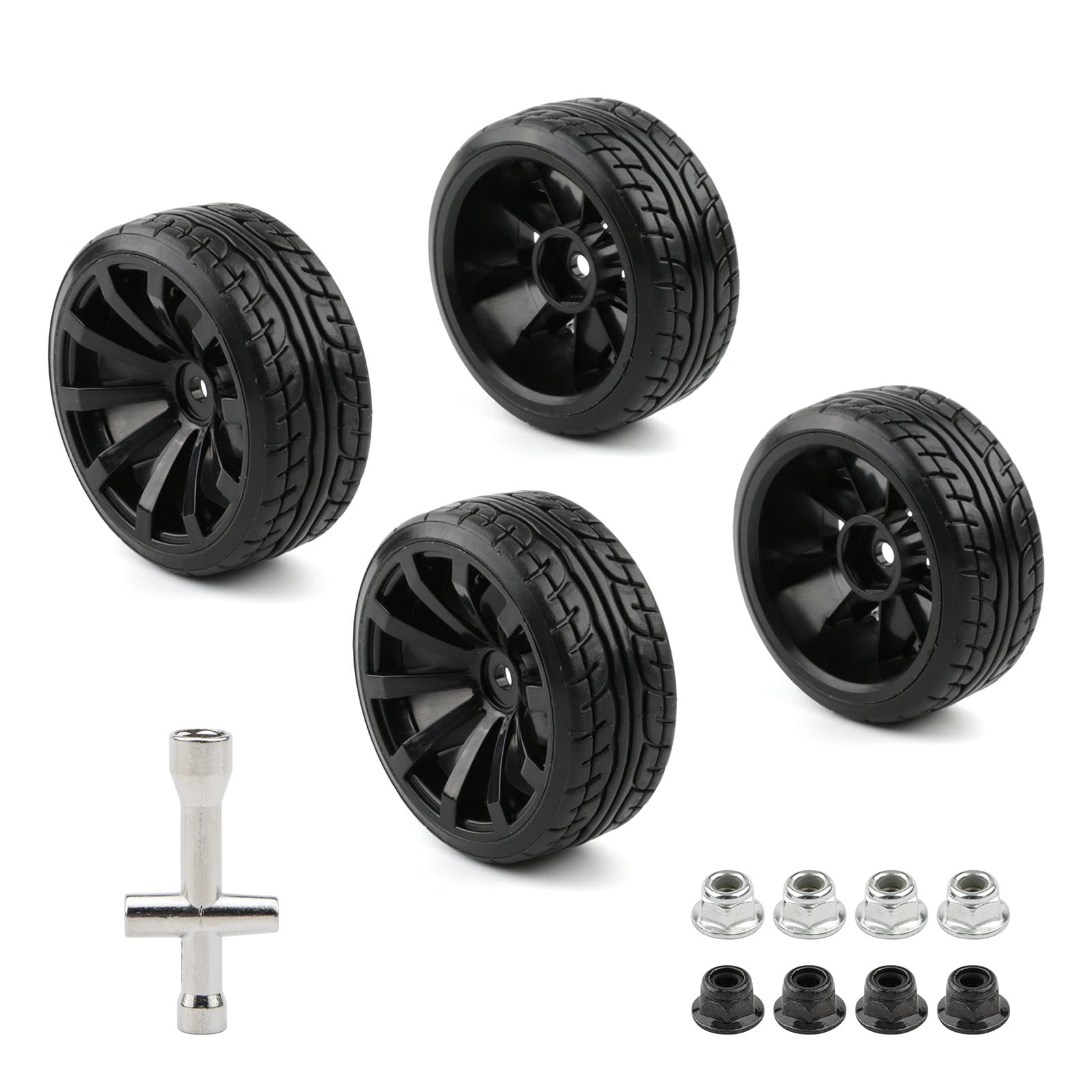 4-Pack 1/10 RC Drift Wheels 12mm Hex with Flange Nuts and 4-Way Wrench for HSP Redcat HPI Tamiya