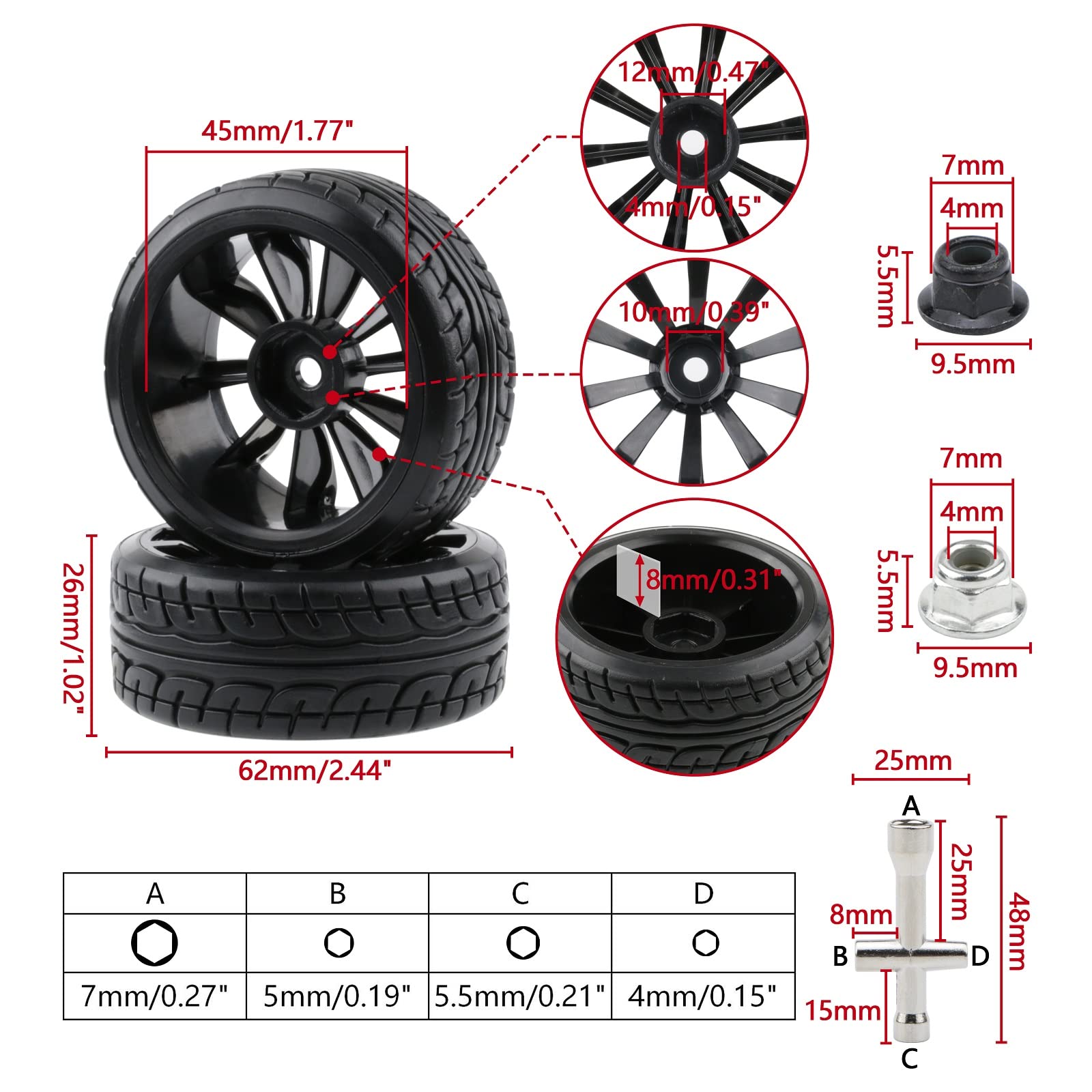 4-Pack 1/10 RC Drift Wheels 12mm Hex with Flange Nuts and 4-Way Wrench for HSP Redcat HPI Tamiya