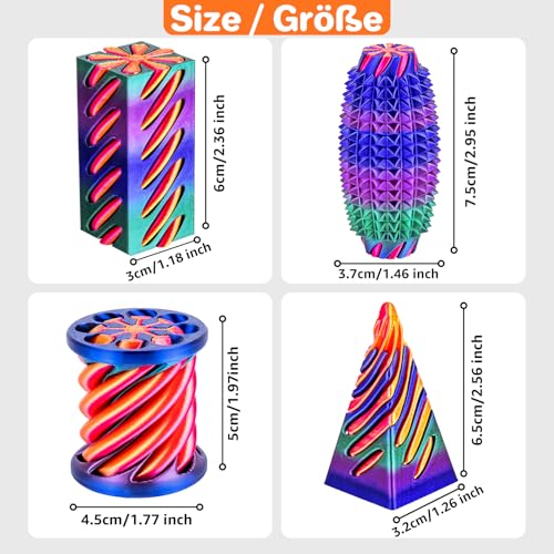 4-Pack 3D Printed Fidget Toys: Impossible Cone, Spiral Pyramid, Little Ouchie – Stress Relief Desk Toys for Kids Adults (Rose Red Blue Green Gradient + Gold Red)