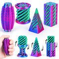 4-Pack 3D Printed Fidget Toys Set by dikale – Impossible Cone, Spiral Pyramid, Little Ouchies in Rose Red, Blue, Green