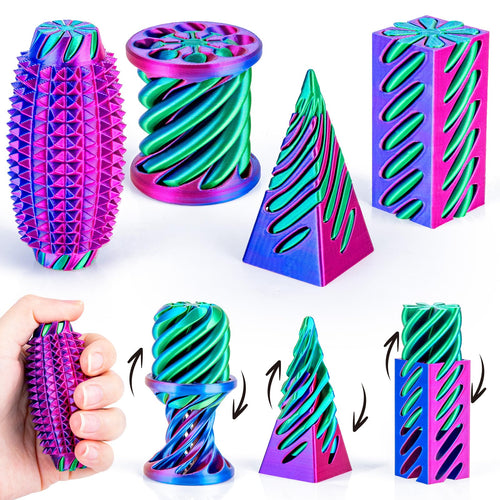 4-Pack 3D Printed Fidget Toys Set by dikale – Impossible Cone, Spiral Pyramid, Little Ouchies in Rose Red, Blue, Green