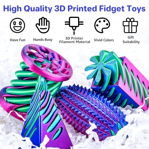 4-Pack 3D Printed Fidget Toys Set by dikale – Impossible Cone, Spiral Pyramid, Little Ouchies in Rose Red, Blue, Green
