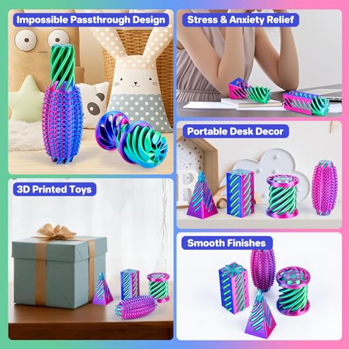 4-Pack 3D Printed Fidget Toys Set by dikale – Impossible Cone, Spiral Pyramid, Little Ouchies in Rose Red, Blue, Green