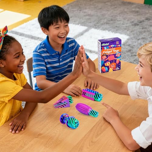 4-Pack 3D Printed Fidget Toys Set by dikale – Impossible Cone, Spiral Pyramid, Little Ouchies in Rose Red, Blue, Green