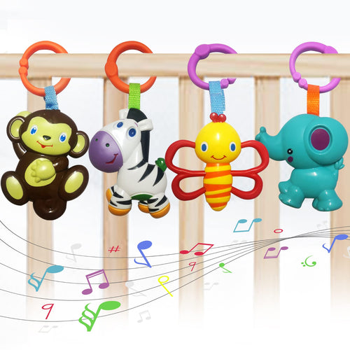 4-Pack Baby Hanging Rattle Toys – Cartoon Animal Stroller Toys for Infants, Crib Car Seat Travel Toys, Birthday Gift for Newborns