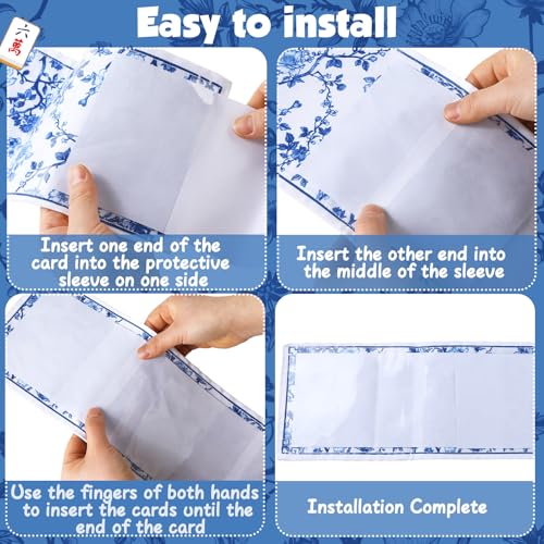 4 Pack Chinoiserie Mahjong Card Holder – Blue & White Fabric PVC Sleeves for American Cards