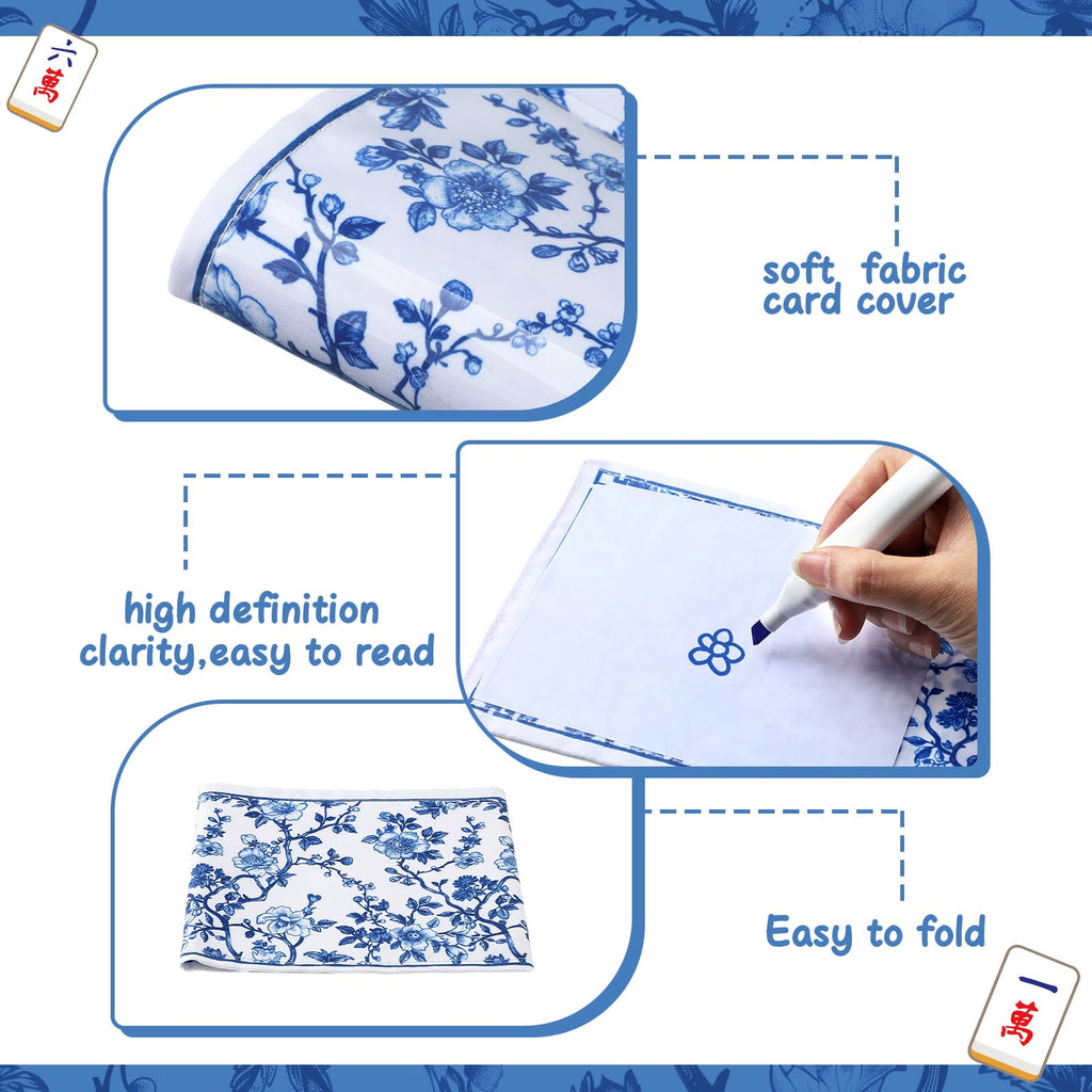 4 Pack Chinoiserie Mahjong Card Holder – Blue & White Fabric PVC Sleeves for American Cards
