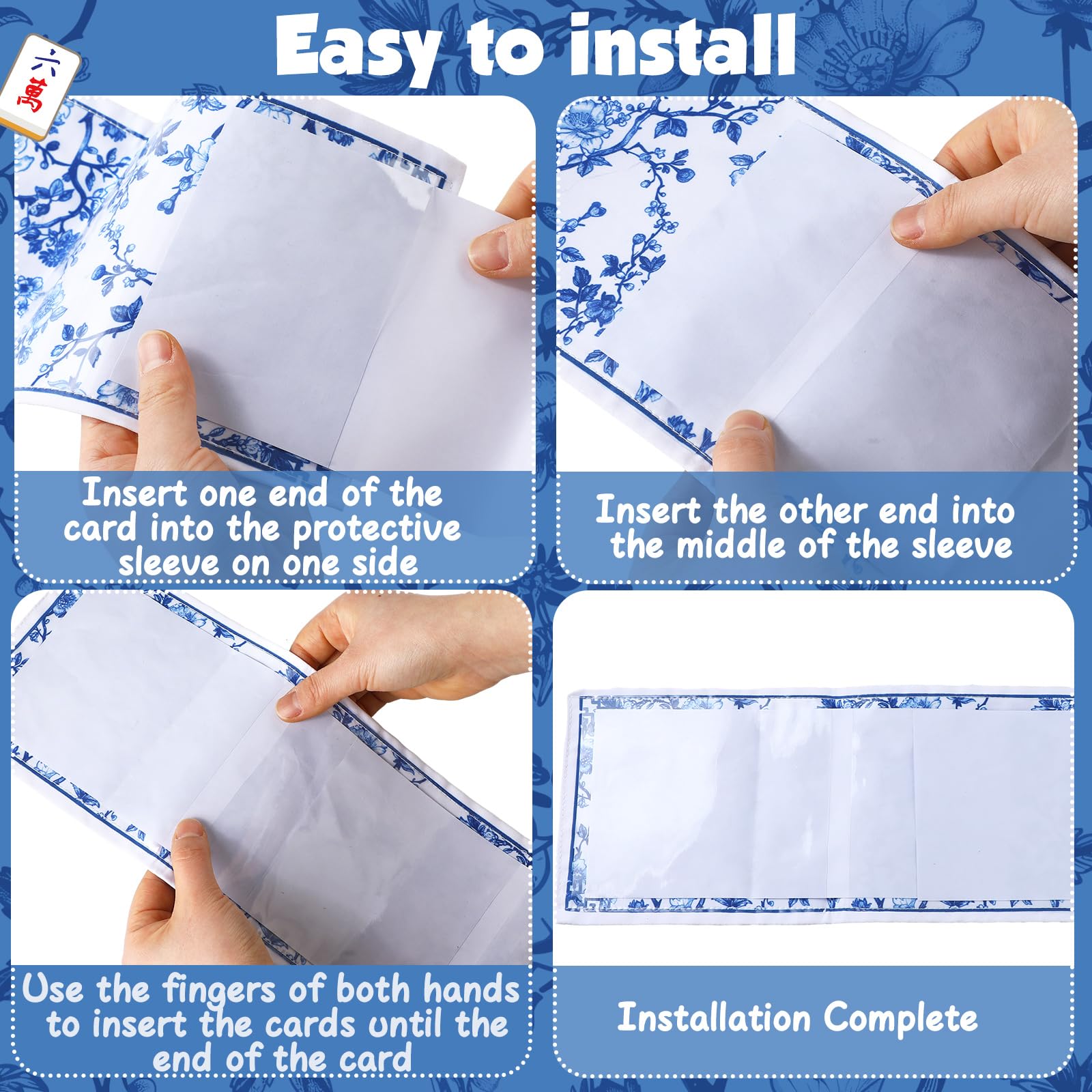 4 Pack Chinoiserie Mahjong Card Holder – Blue & White Fabric PVC Sleeves for American Cards