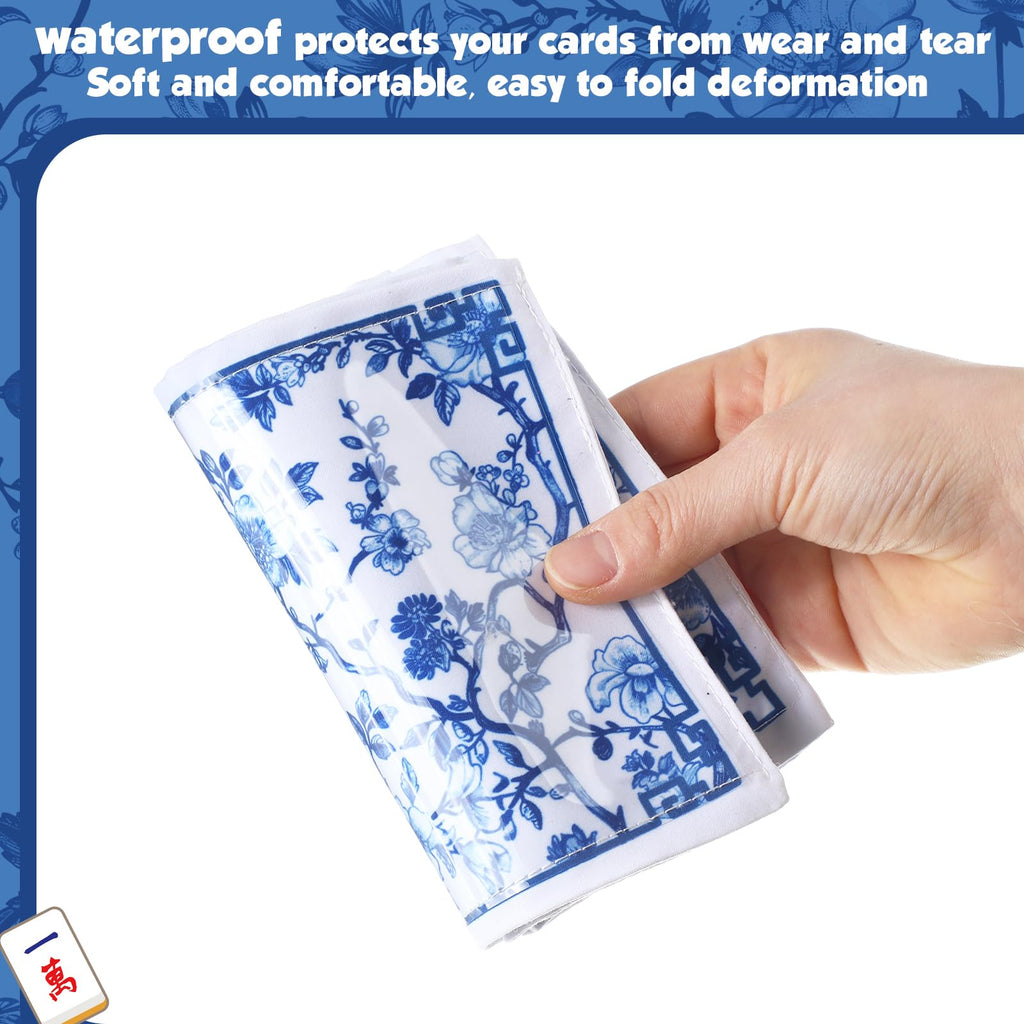 4 Pack Chinoiserie Mahjong Card Holder – Blue & White Fabric PVC Sleeves for American Cards