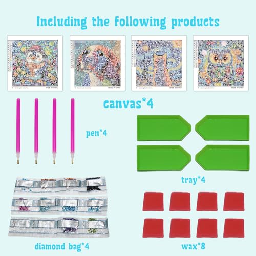 4-Pack Diamond Art Kits for Kids – Dog, Cat, Penguin, Owl – Beginner Crafts for Ages 8-12