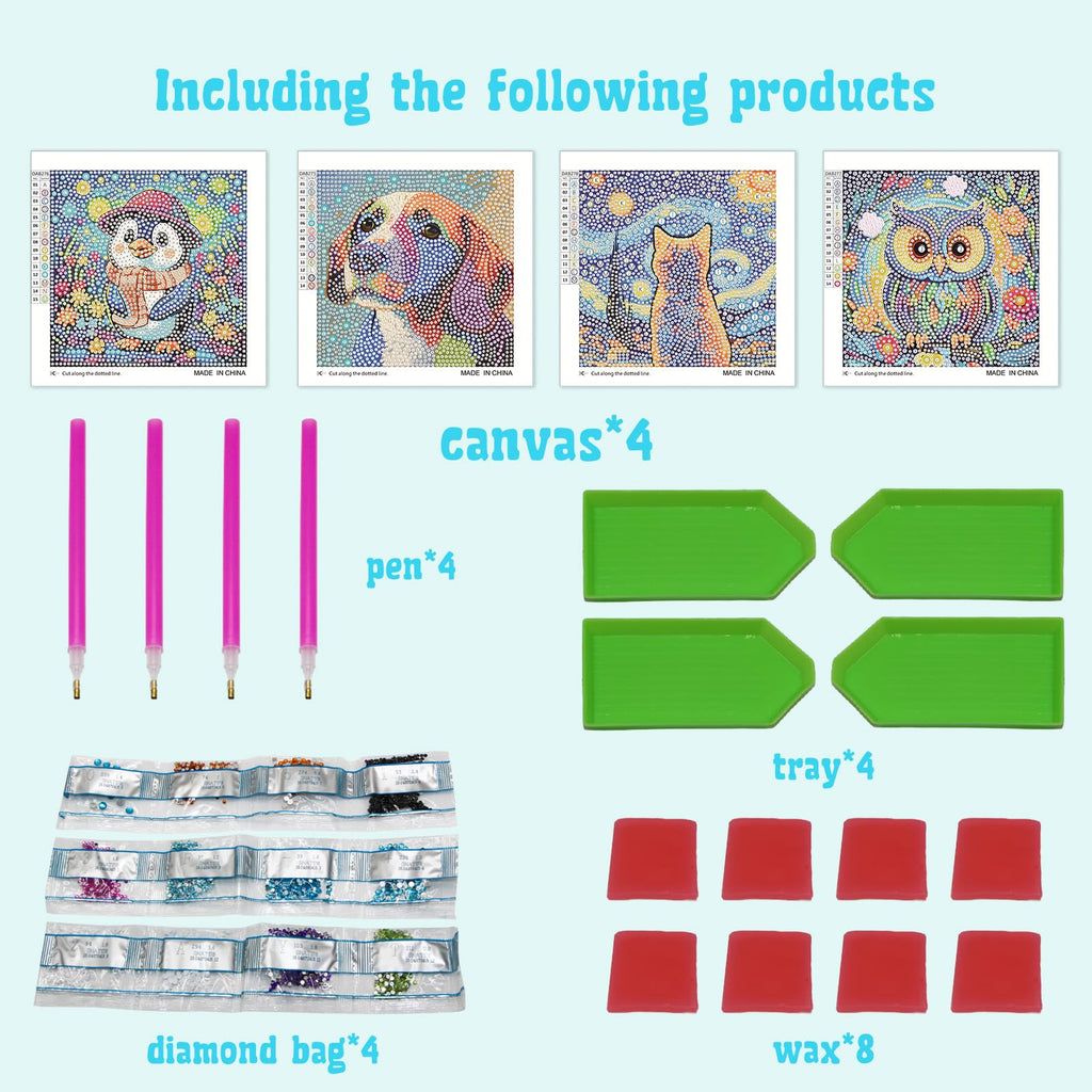 4-Pack Diamond Art Kits for Kids – Dog, Cat, Penguin, Owl – Beginner Crafts for Ages 8-12