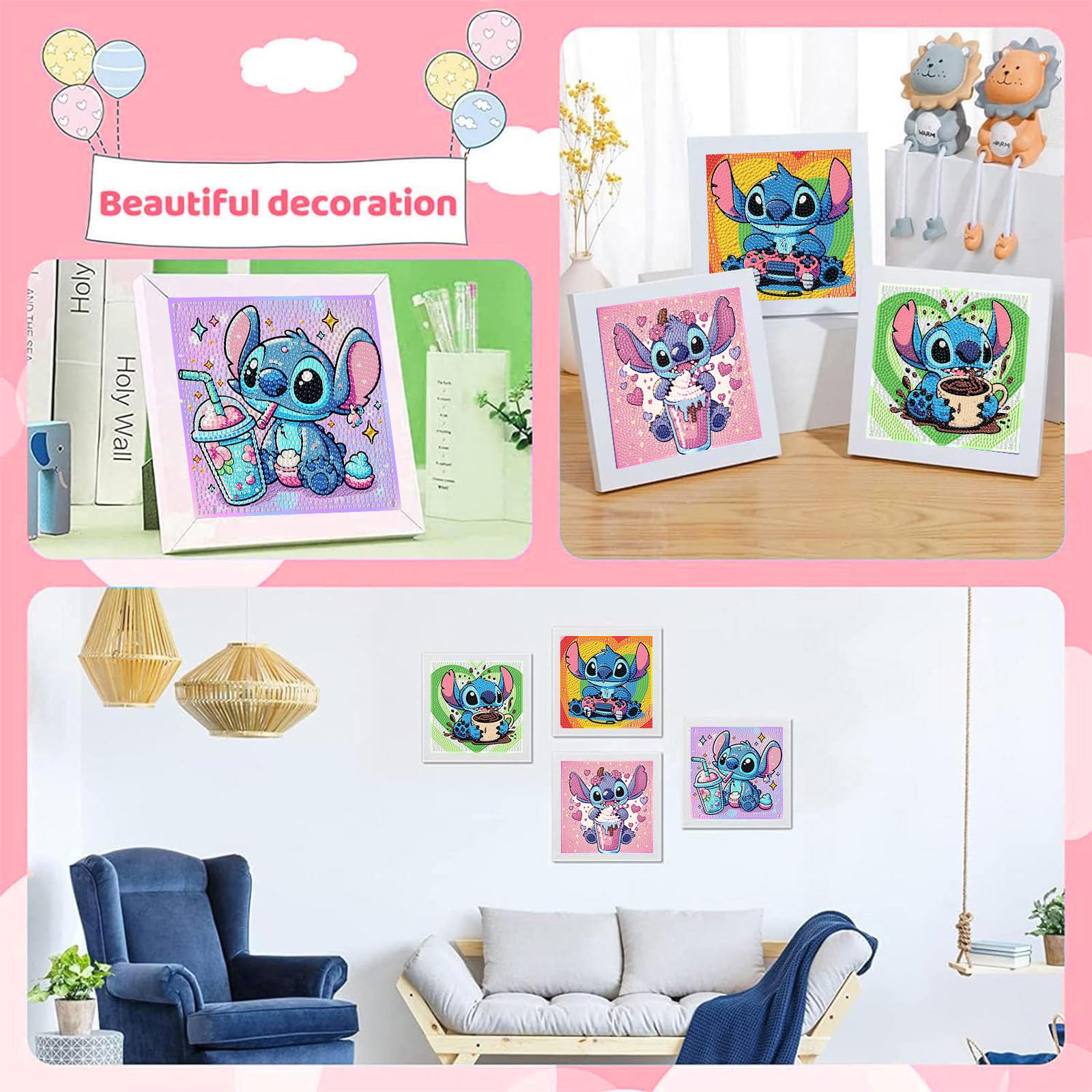 4-Pack Diamond Art Painting Kits for Kids – Cartoon Gem Art, Beginner Craft Kit, 6x6 Inch Each, by KOJEFCV
