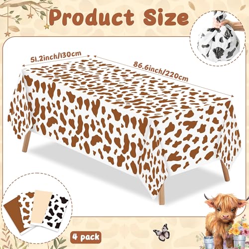 4 Pack Highland Cow Tablecloths - 87x51 Inch Disposable Plastic Party Table Covers