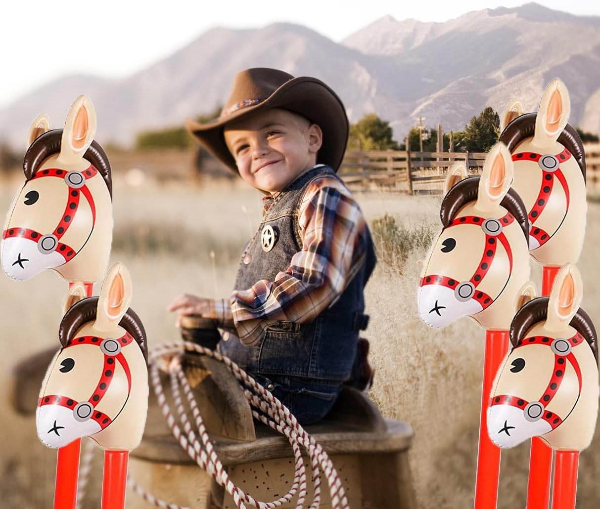 4 Pack Inflatable Stick Horses – Red Pony Western Cowboy Party Decorations