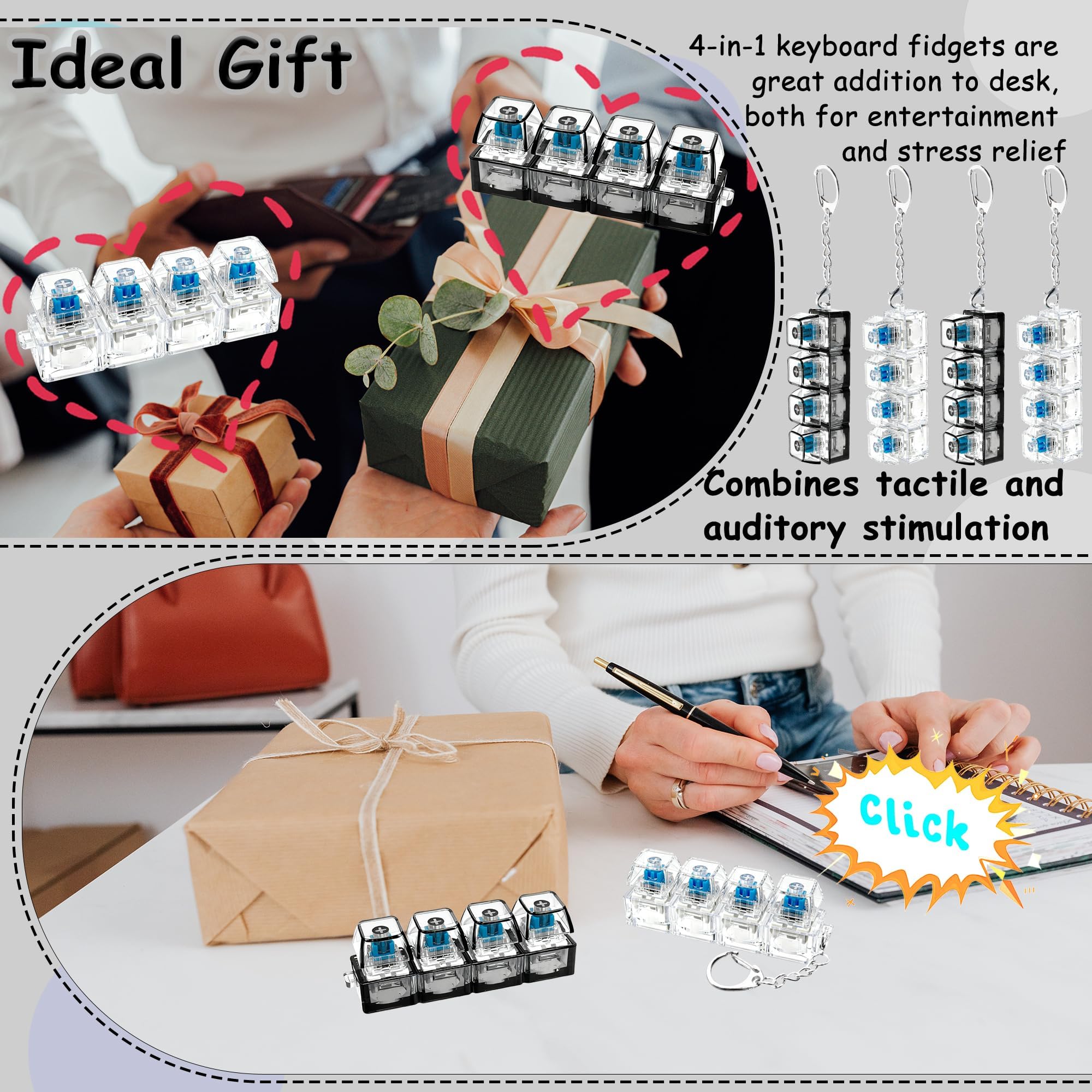 4-Pack Keyboard Fidget Keychain – Clicker Stress Relief Toy for Anxiety (Clear Black)