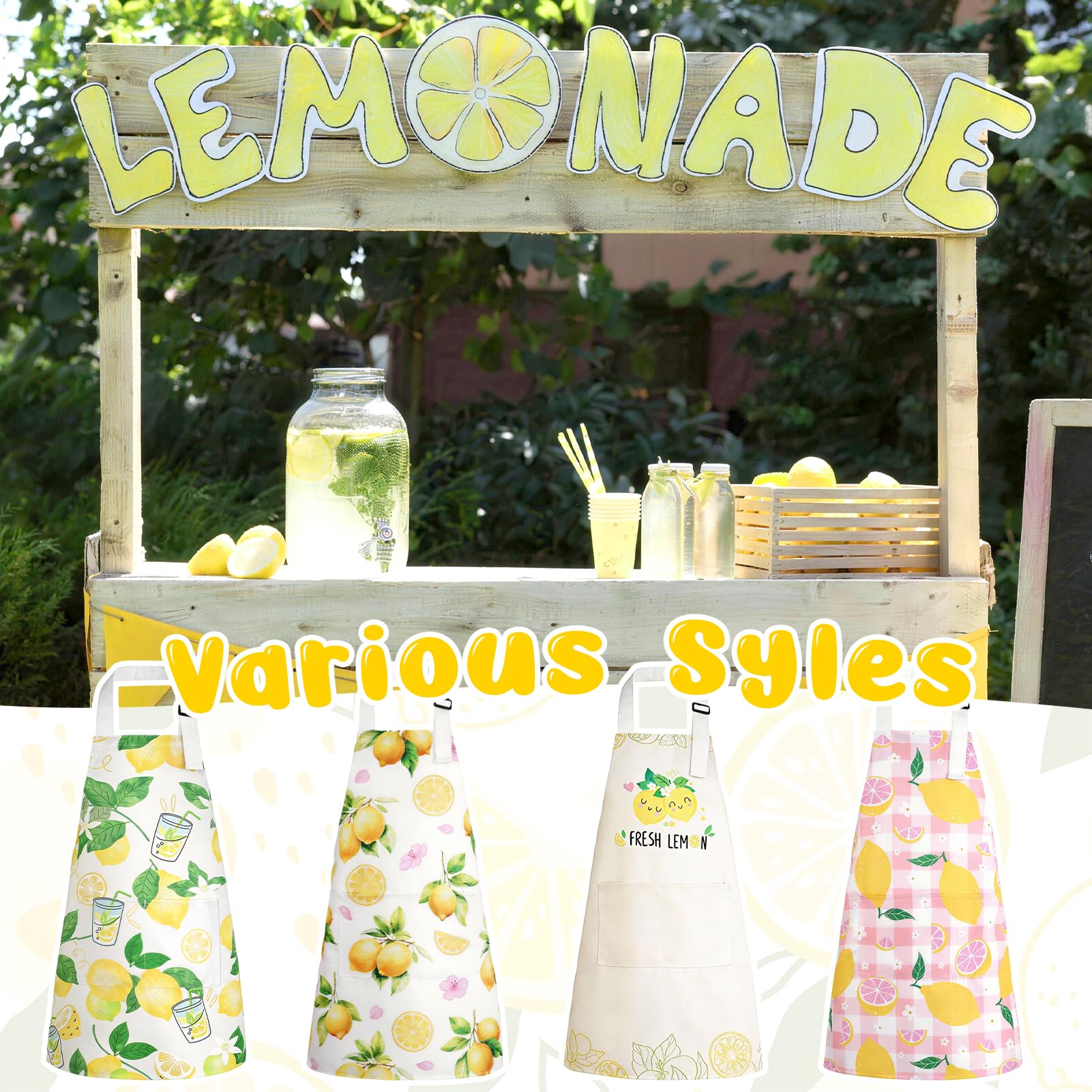 4 Pack Lemon Kids Aprons with Pockets – Adjustable Lemonade Stand Aprons for Boys and Girls