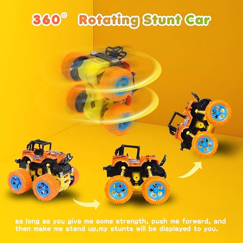 4 Pack Monster Trucks Push and Go Friction Powered Cars for Boys 3-7 - 360 Degree Stunt Toy Set