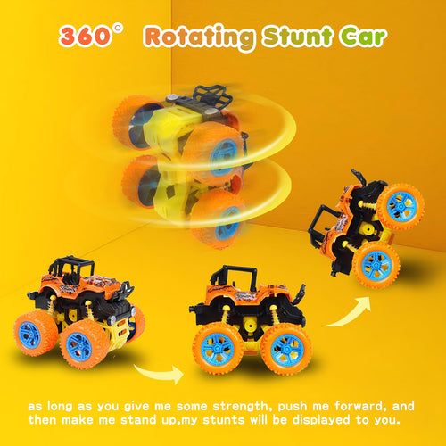 4 Pack Monster Trucks Push and Go Friction Powered Cars for Boys 3-7 - 360 Degree Stunt Toy Set