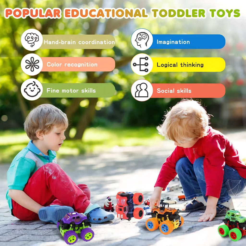 4 Pack Monster Trucks Push and Go Friction Powered Cars for Boys 3-7 - 360 Degree Stunt Toy Set