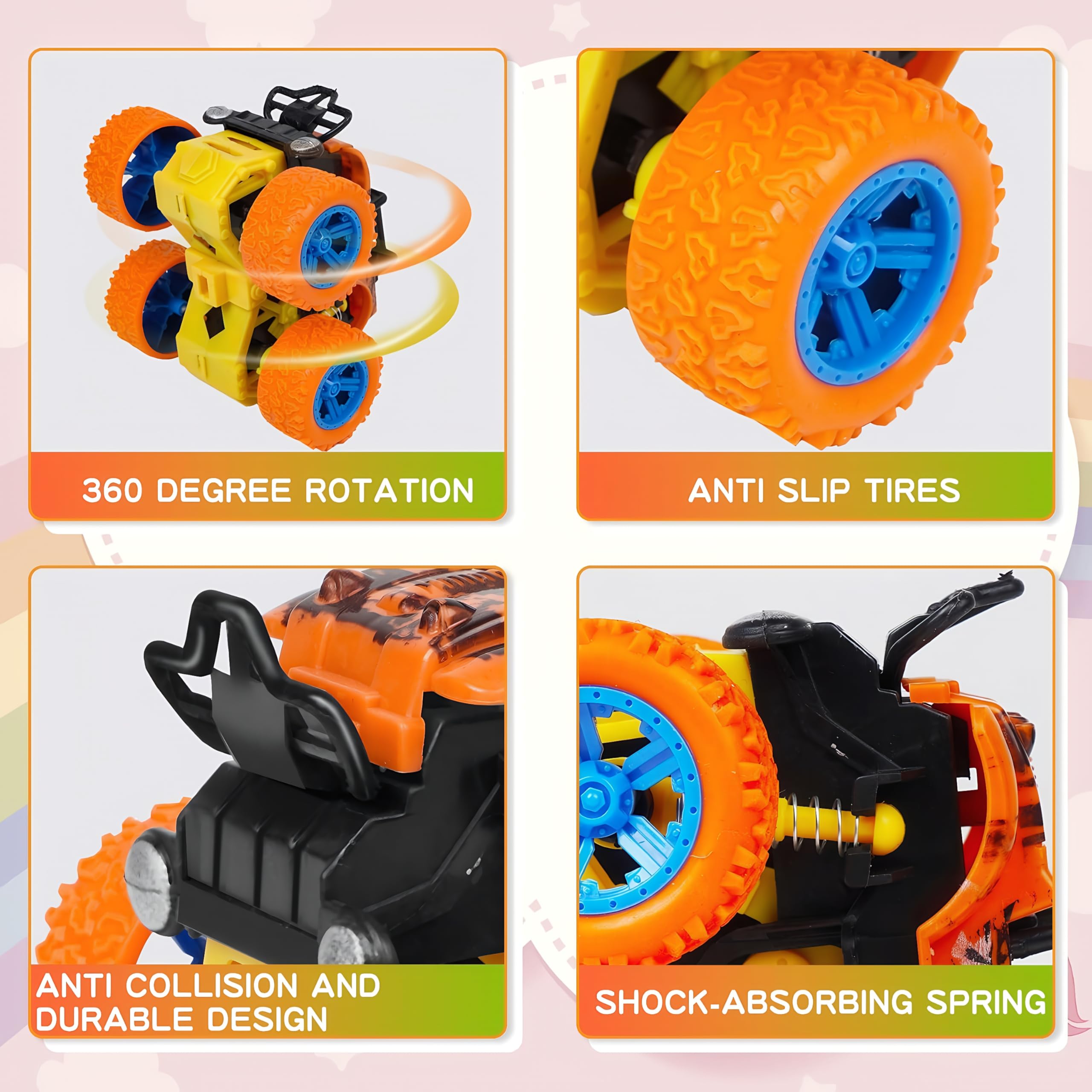 4 Pack Monster Trucks Push and Go Friction Powered Cars for Boys 3-7 - 360 Degree Stunt Toy Set