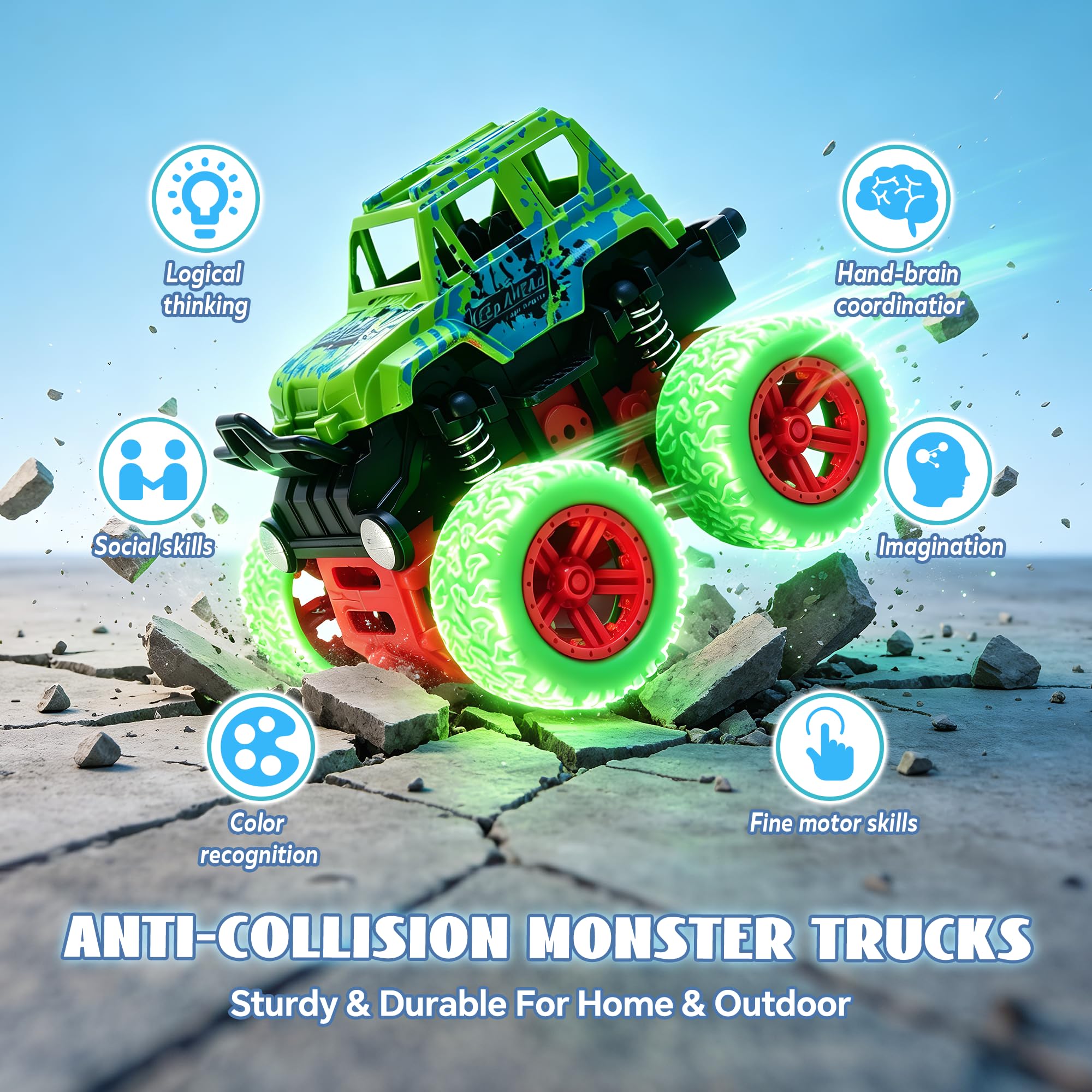 4 Pack Monster Trucks Push and Go Friction Powered Cars for Boys 3-7 - 360 Degree Stunt Toy Set