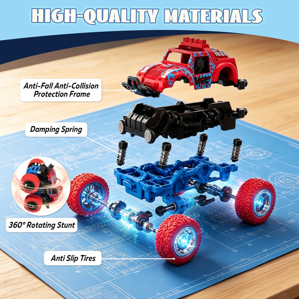 4 Pack Monster Trucks Push and Go Friction Powered Cars for Boys 3-7 - 360 Degree Stunt Toy Set