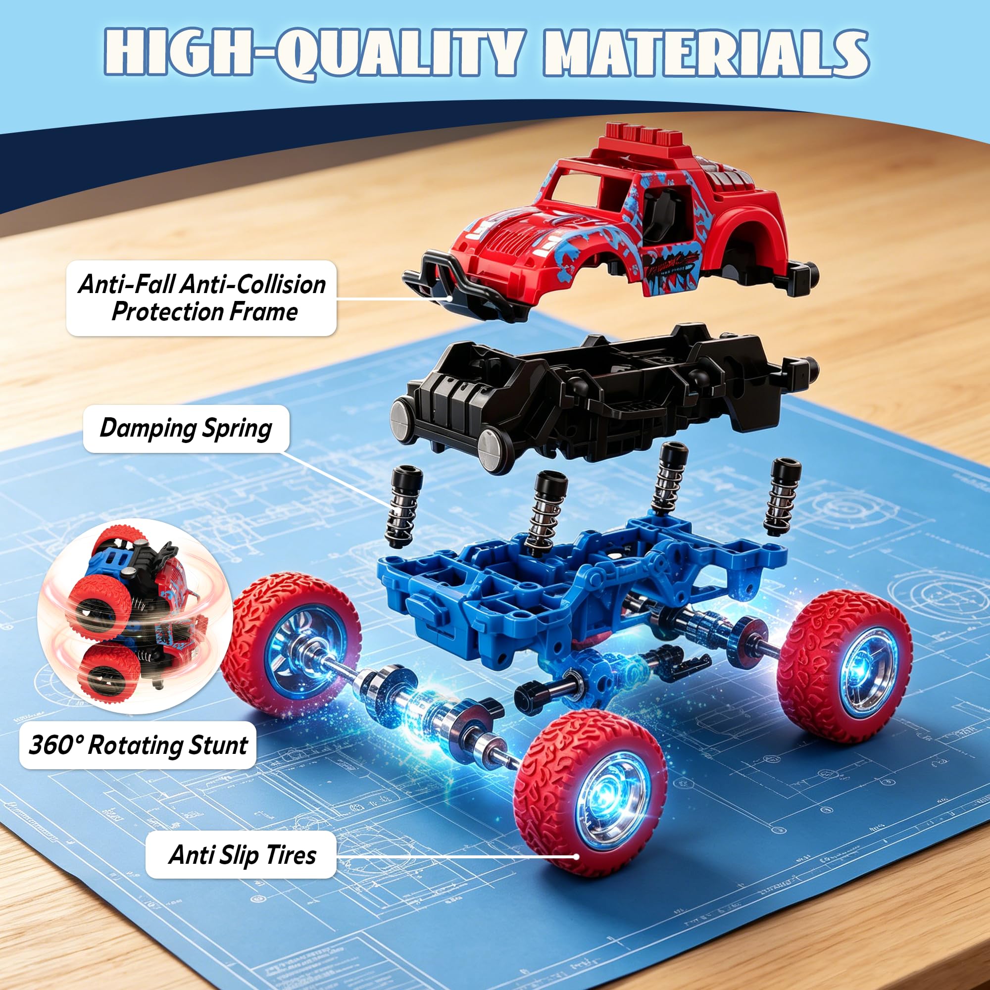4 Pack Monster Trucks Push and Go Friction Powered Cars for Boys 3-7 - 360 Degree Stunt Toy Set