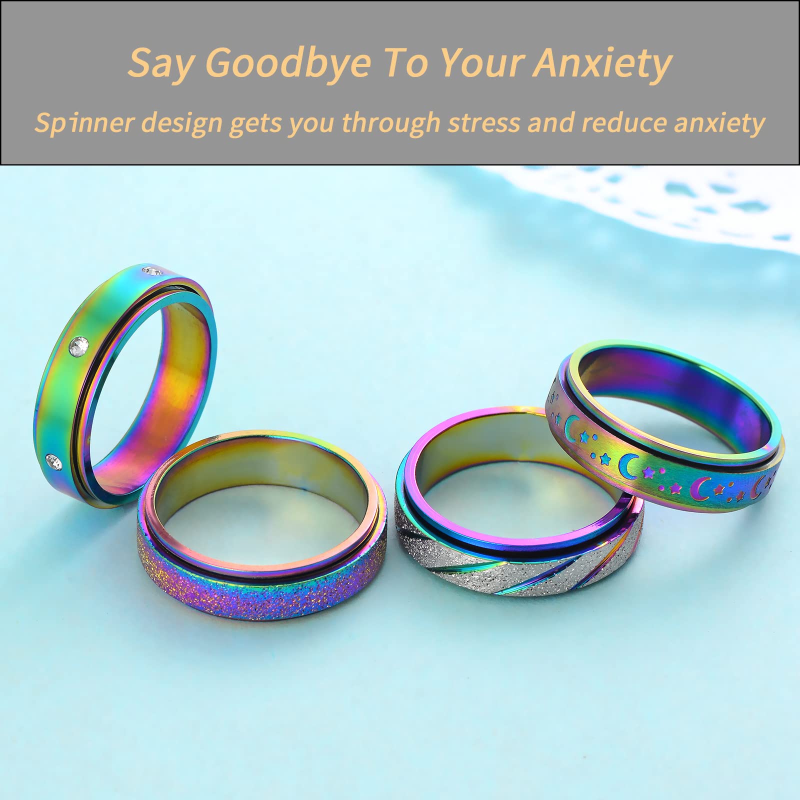 4-Pack Rainbow Titanium Steel Fidget Rings for Anxiety – Quiet Spinner Rings for Women, Size 5-11