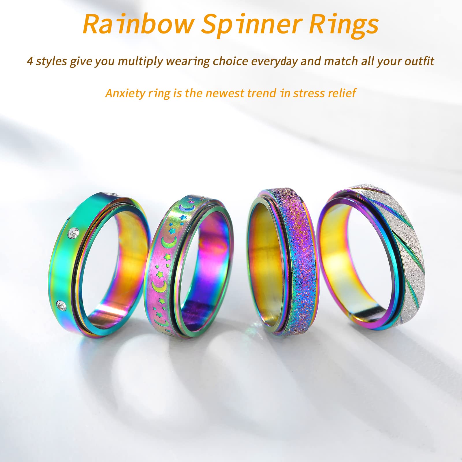 4-Pack Rainbow Titanium Steel Fidget Rings for Anxiety – Quiet Spinner Rings for Women, Size 5-11