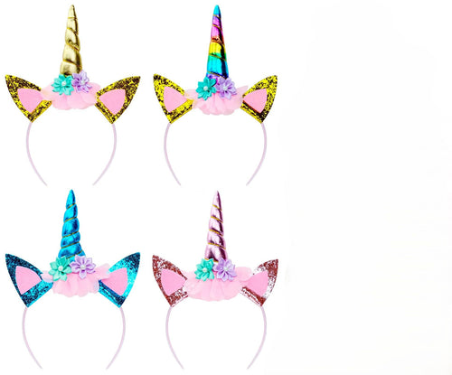 4 Pack Unicorn Headbands for Girls – Glitter Horns, Ears, and Flowers in Rainbow, Gold, Blue, Pink