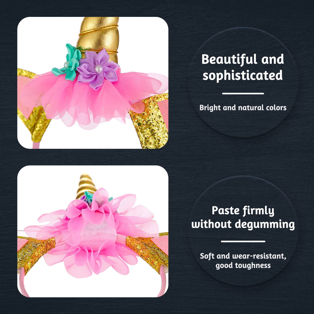 4 Pack Unicorn Headbands for Girls – Glitter Horns, Ears, and Flowers in Rainbow, Gold, Blue, Pink