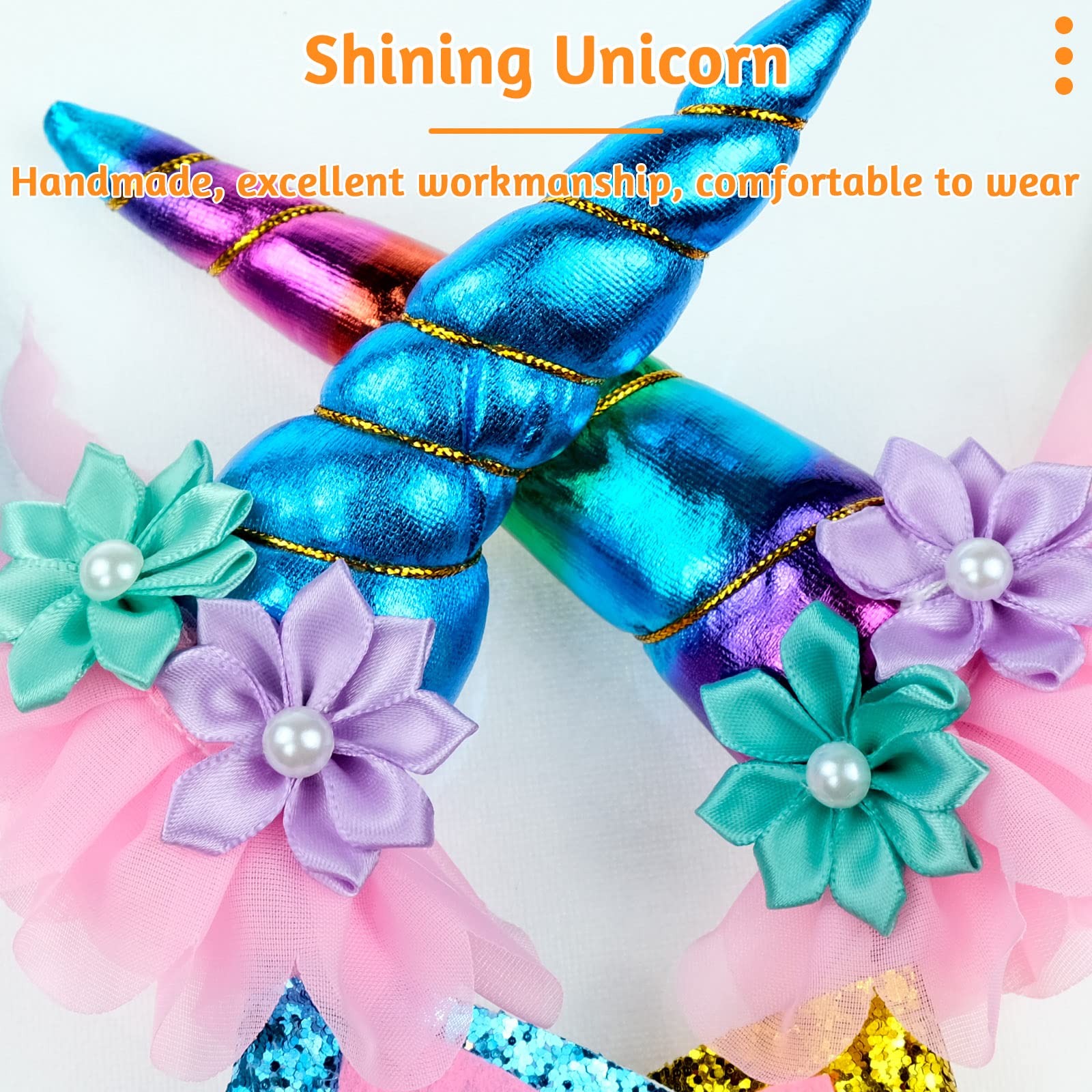4 Pack Unicorn Headbands for Girls – Glitter Horns, Ears, and Flowers in Rainbow, Gold, Blue, Pink